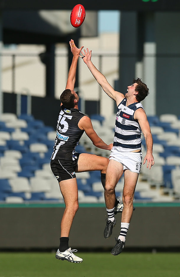 VFL Rd 06 - Geelong v Collingwood GEELONG, AUSTRALIA - MAY 14: Ryan Abbott of Geelong (R) and Jarrod Witts of Collingwood compete in the air during the round six VFL match between Geelong and Collingwood on May 14, 2016 in Geelong, Australia. (Photo by Graham Denholm/AFL Media)